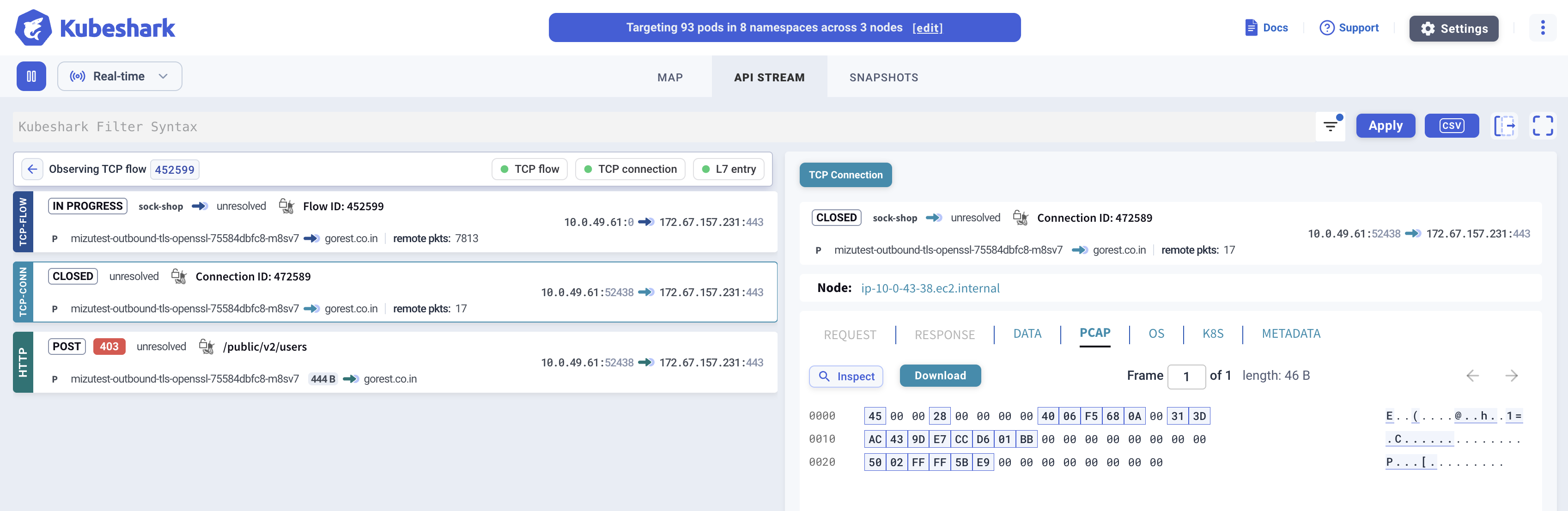 Dashboard showing Flow, Connection, and API Call hierarchy